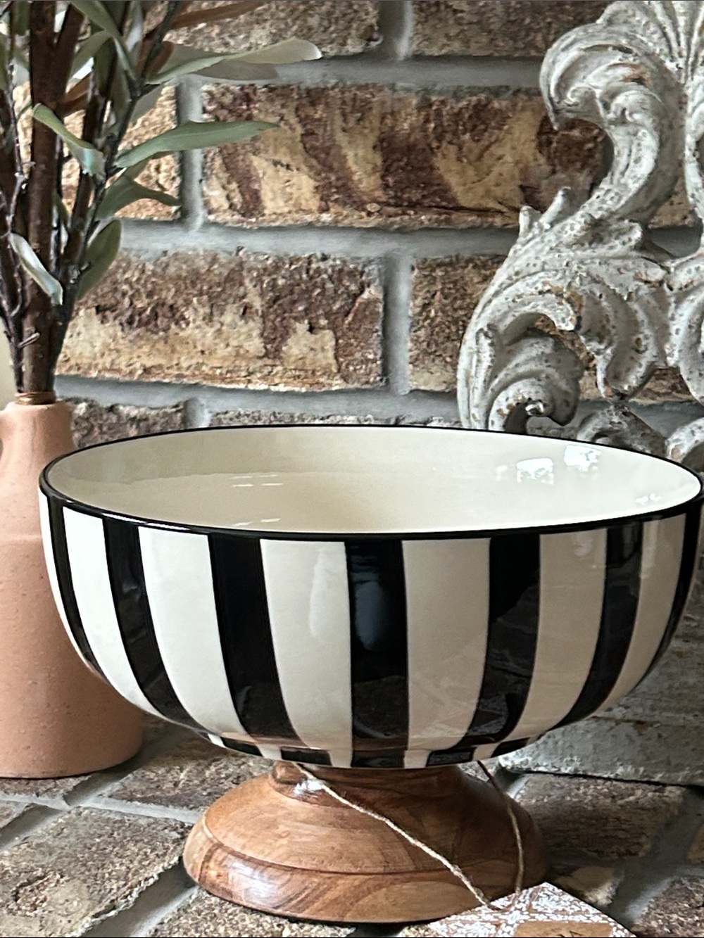NEW! LARGE Black & Creamy White Striped Wood Pedestal Centerpiece Serving Bowl
